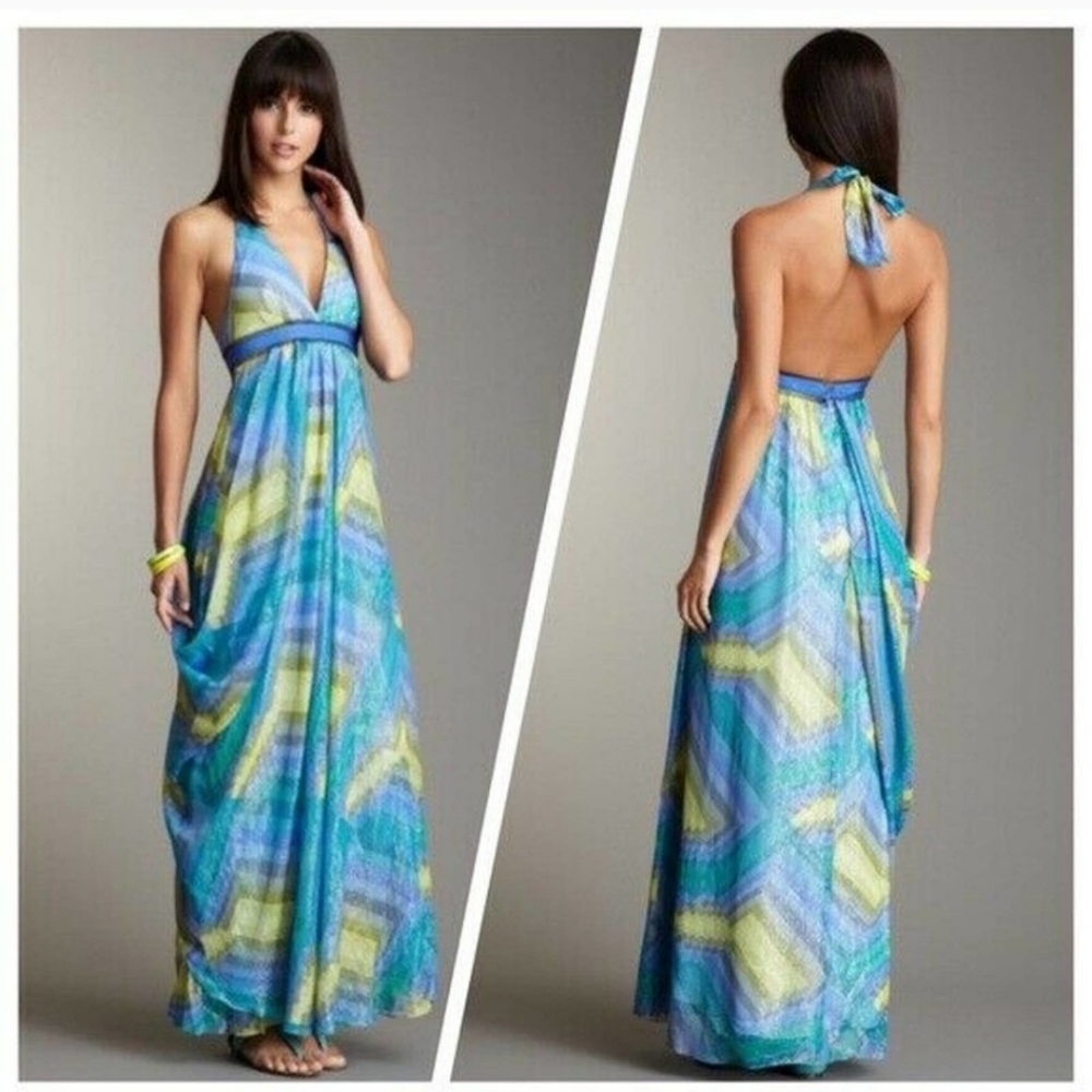 BCBG Max Azria Chiffon Halter Full Length Gown with Side Swoop